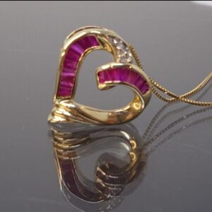 Gold RUBY Heart Pendant Necklace and Hoop Earrings Set